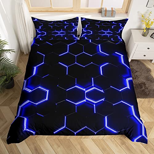 Feelyou Blue And Black Print Duvet Cover Hexagonal Bedding Set Kids Boys Teens Honeycomb Decor Comforter Cover Beehive Simplistic Geometric Bedspread Cover Bedroom Collection 3Pcs Full Size thumb #2