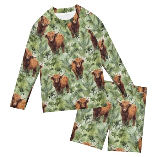 Highland Cow Forest Boys Rash Guard Swimsuits Set for Boys Long Sleeve Swim Shirts Bathing Suits B0403036