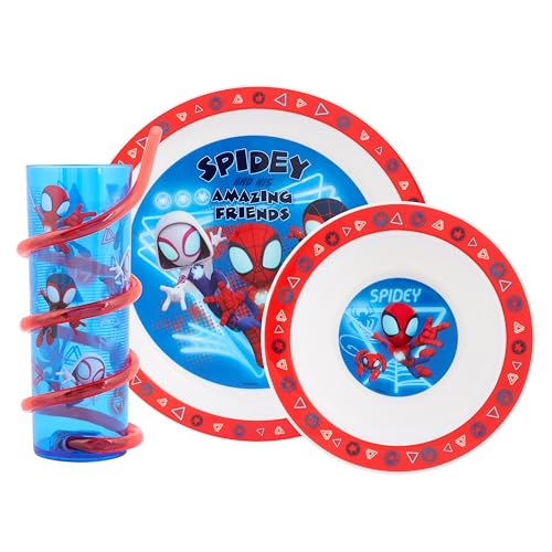Marvel Spidey and Friends Glow - Juego de vajilla de 3 piezas, incluye plato, cuenco y vaso de paja retorcido con Spidey, Trace-E, Ghost y Miles Morales Marvel Spidey and Friends Glow - Juego de vajilla de 3 piezas, incluye plato, cuenco y vaso de paja retorcido con Spidey, Trace-E, Ghost y Miles Morales