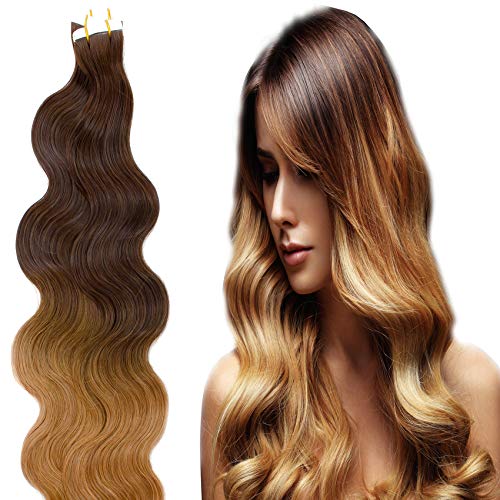 Preisvergleich Produktbild Ombre Tape in Extensions gewellt zum Einkleben 20 Strähnen 60cm wave Haarverlängerung Haarverdichtung Echthaar Remy Human Hair - #Ombre Balayage 4-27 (Schokobraun / Honigblond)