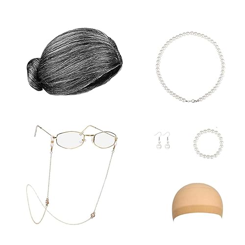 Joizomou Disfraz de anciana para niños, niñas y mujeres, peluca de anciana, disfraz de abuelita para ancianos, disfraz de 100 días de escuela