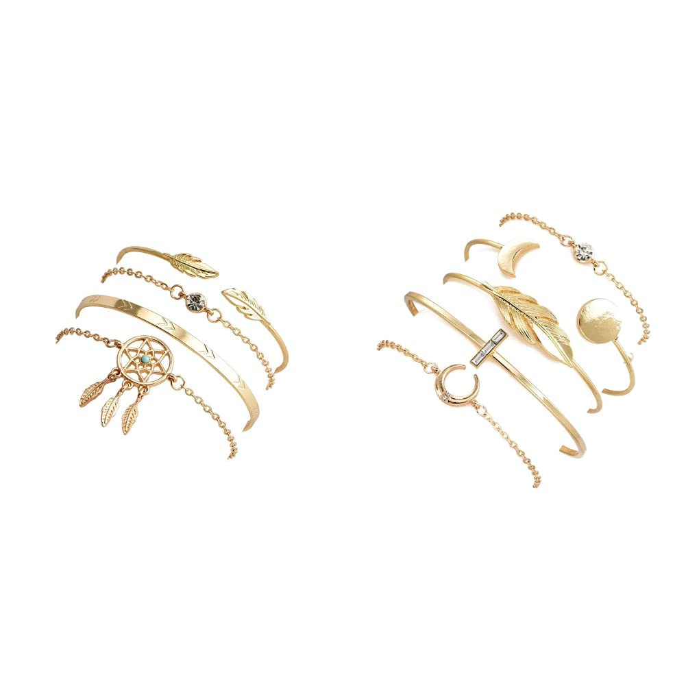Shining Diva Fashion Set of 4 Stylish Multilayer Crystal Bangle Charm Bracelet for Women (Golden) and Set of 5 Multilayer Crystal Charm Bangle Gold Plated Bracelet for Women and Girls (Golden)