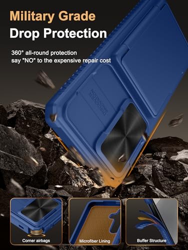 Image of Vihibii PC,Silicone For Samsung Galaxy S24 FE Wallet Back Cover With Card Holder(4 Cards)[RFID Blocking] & Slide Camera Cover & Raised Edges Protect,Shockproof Rugged Case 6.7 inch 2024,Blue