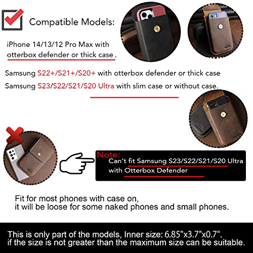 Topstache Leather Phone Holster for Belt, Flip Cell Phone Case with Belt Clip for S22 Ultra, Plus, iPhone 14/13 Pro Max, Universal Smartphone Leather Sheath