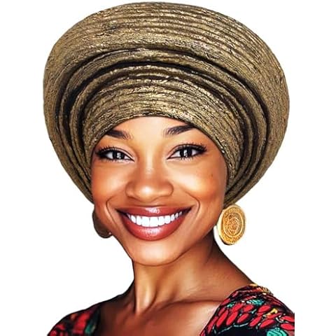 Woeoe Pre-Tied African Hats Gold Auto Gele African Head Wraps Church Turban for Women (US, Alpha, One Size, Gold) Cover
