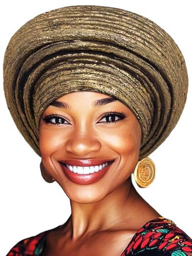 Woeoe Pre-Tied African Hats Gold Auto Gele African Head Wraps Church Turban for Women (US Alpha One Size Gold)