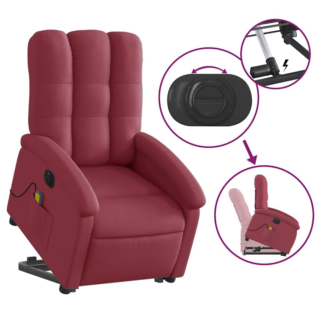 Sillón elevador eléctrico reclinable de tejido rojo vino con 6 puntos de vibración, función de elevación e inclinación a 135 grados, estructura estable