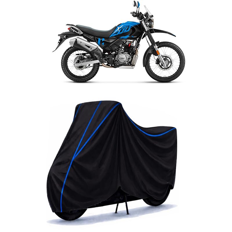 Image of Hero Xpulse 200 4V Standard Bike Cover Water Resistant Universal Motorcycle Rain | Heavy Duty UV Protection, Dust, Scratch Indoor Outdoor All Weather with Black Blue Piping Elastic