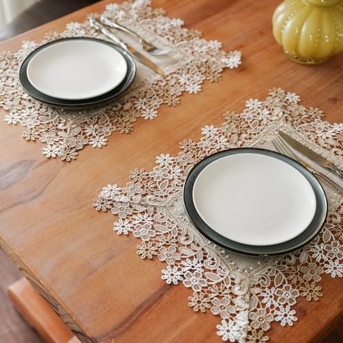 ARTABLE Lace Placemats Stone Natural Linen Macrame Set 12 x 18 Inch 2 Pcs