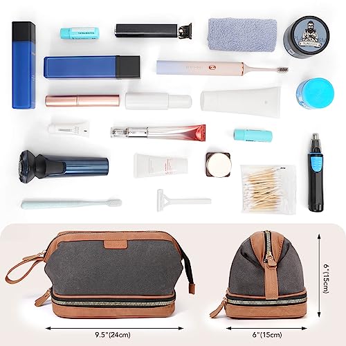heouvo-Travel-Toiletry-Bag-for-Men-Waxed-Canvas-Leather-Dopp-Kit-Double-Layer-Makeup-Bag-Water-Resistant-for-Cosmetics-Toiletries-Shaving-Kit-Bathroom-Traveling-Essentials-Large-Capacity-Gray