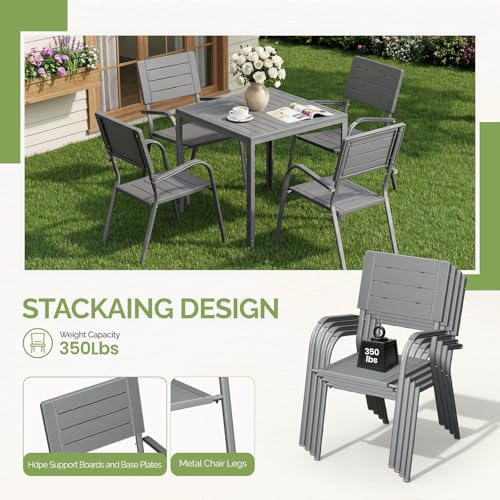 Image of VINGLI Outdoor Patio Dining Set,5 Piece Square Table Patio Furniture Set,HDPE All-Weather Material Outdoor Dining Table and Chair for Garden, Backyard, Poolside,Grey