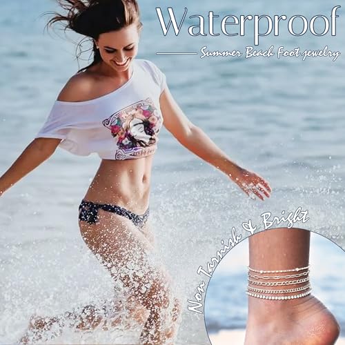 Image of LOYALLOOK Ankle Bracelets for Women Waterproof, 14K Gold Plated Cuban Figaro Link Chain Anklets Non Tarnish, Dainty Layered Anklet Bracelets Adjustable Summer Beach Foot Jewelry