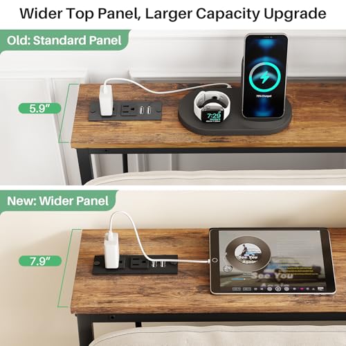 Kitstorack 2-Pack Rustic Brown Console Table, 7.9" Deep Panel, Adjustable Height (25"-33") & Built-in Power Outlets, Behind Sofa Couch, Includes 4.9' Power Cord - 79" L