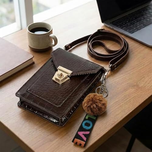 Image of TYPIFY Women's Crocodile Pattern Mobile Pouch Sling Bag | Cute Bear Charm Crossbody Phone Case | Premium Wallet Bag with 2 Pockets | Fits All iPhone & Android Phones