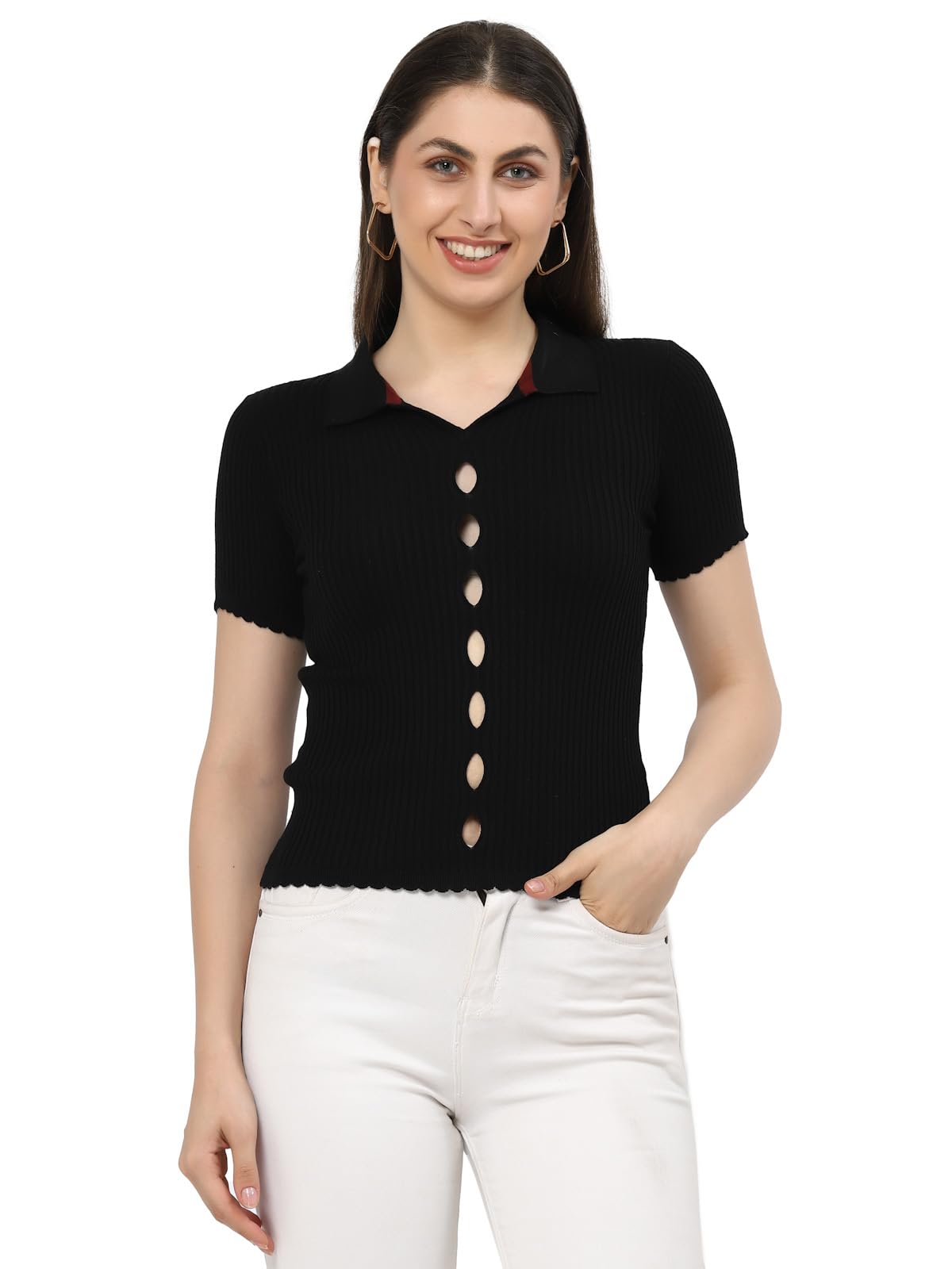 Women Half Sleeves Polo Collar Self Design Knitted Fitted Ribbed Cotton Top-image-27