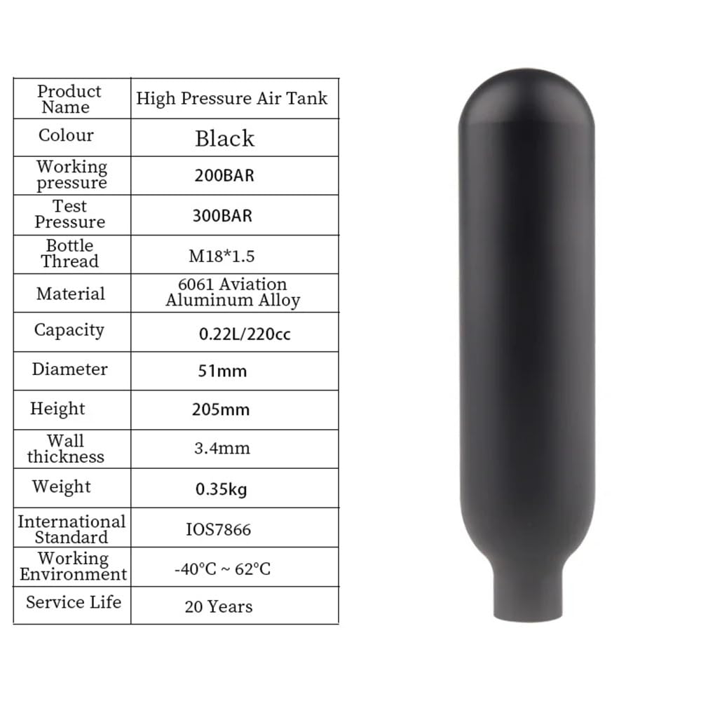 HPA 0,22 l 220 cm³ zbiornik na sprężone powietrze butelka CO2 200BAR 3000PSI butla gazowa stacja do nurkowania cylindro do nurkowania armatura do akwarium