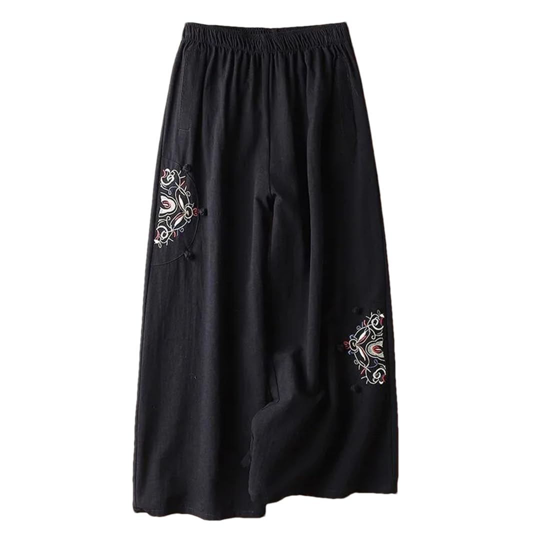 Women Vintage Embroidery Casual Pants Solid Thin Elastic Waist Loose Wide Leg Pants