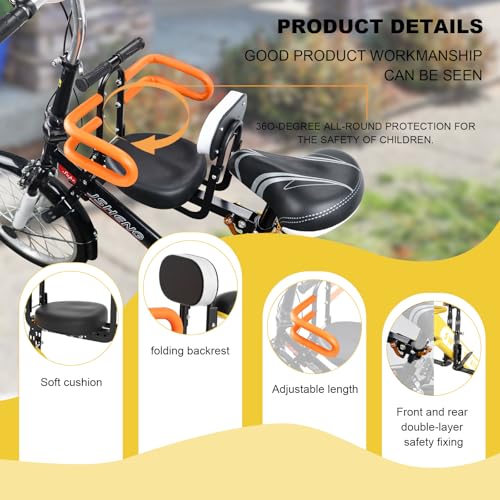 XIEEIX Front Mounted Child Bike Seats, Foldable Kids Bike Seat with Guardrail Seat Back, Adjustable Seat and Pedal Child Bike Seat, Safety Child Seat Suitable for Folding Bicycles and City Bikes, Etc - Thumbnail 3