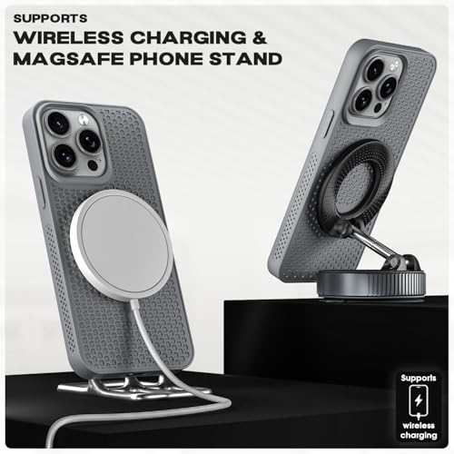 Image of Pikkme Back Cover for iPhone 15 Pro Max | Honeycomb Cooling Design | Silicone Heat Dissipation | Mag-Safe Compatible | Shockproof Camera Protection Bumper Case (Grey)