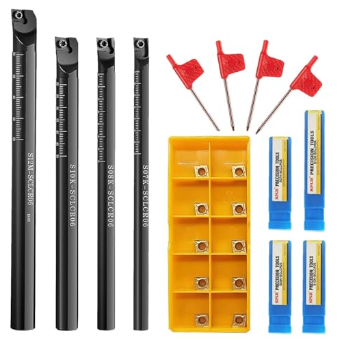 LINZUAN 14 pcs Lathe Boring Bar Set 4 Pieces 95 Degree S07K/ S08K/ S10K/ S12M-SCLCR06 Lathe Boring Internal Turning Bar Holder with 10 Pcs CCMT21.51 Carbide Inserts and 4 Pcs Wrench