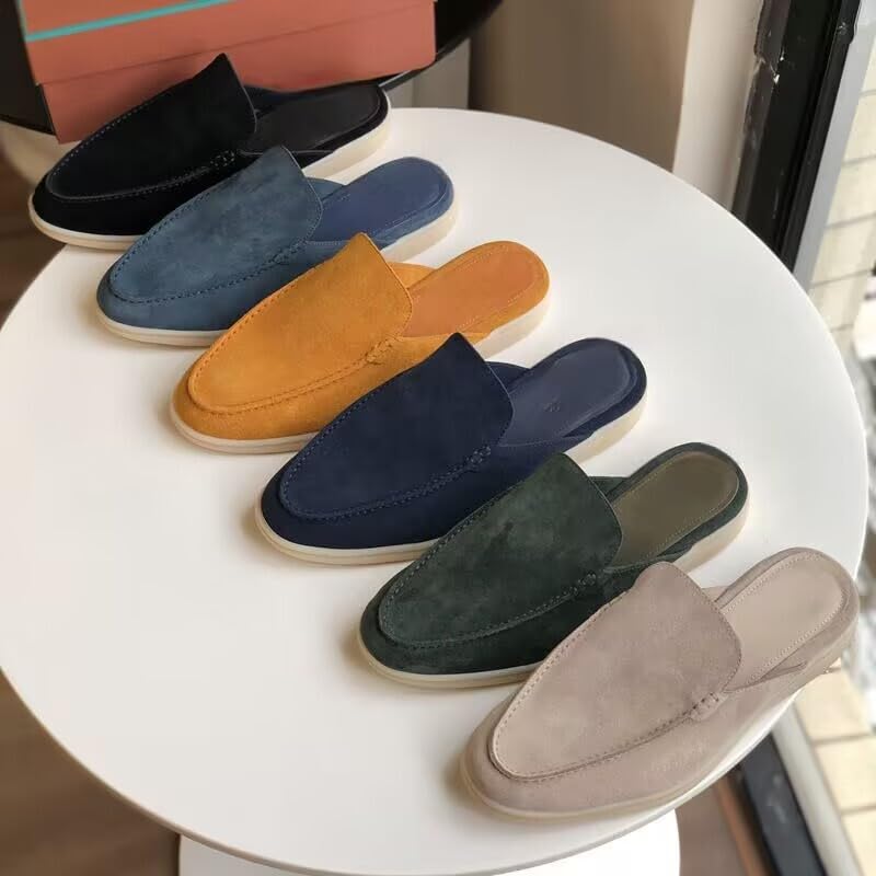 Men's Suede Round-Toe Flat Mules Clogs Slip On Low Heel Dress Loafers Non-Slip Slingback Half Driving Business Slippers3