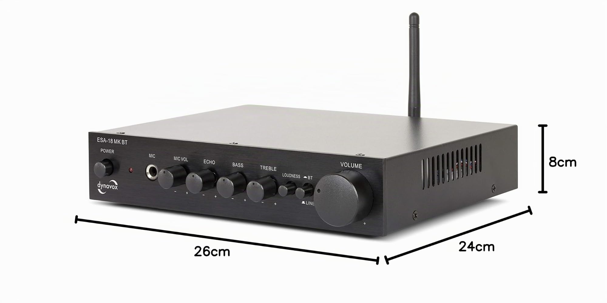 Dynavox ESA-18 MK BT - Amplificatore stereo compatto, terminali di connessione a vite per altoparlanti, antenna BT integrata e ingresso microfono, colore nero