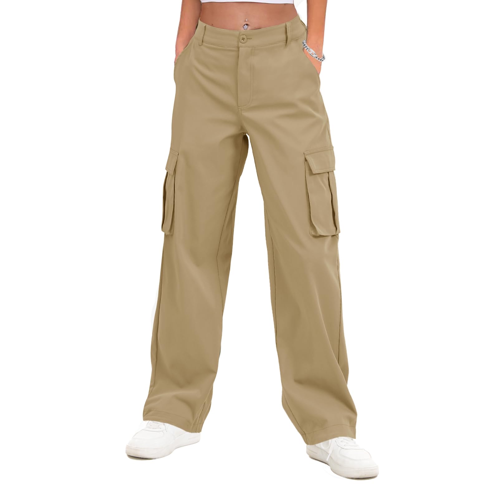 Gracyoga Khaki Cargo Pants for Women 2025 High Waisted Wide Leg Casual Pants Y2k Streetwear with 6 Pockets Medium
