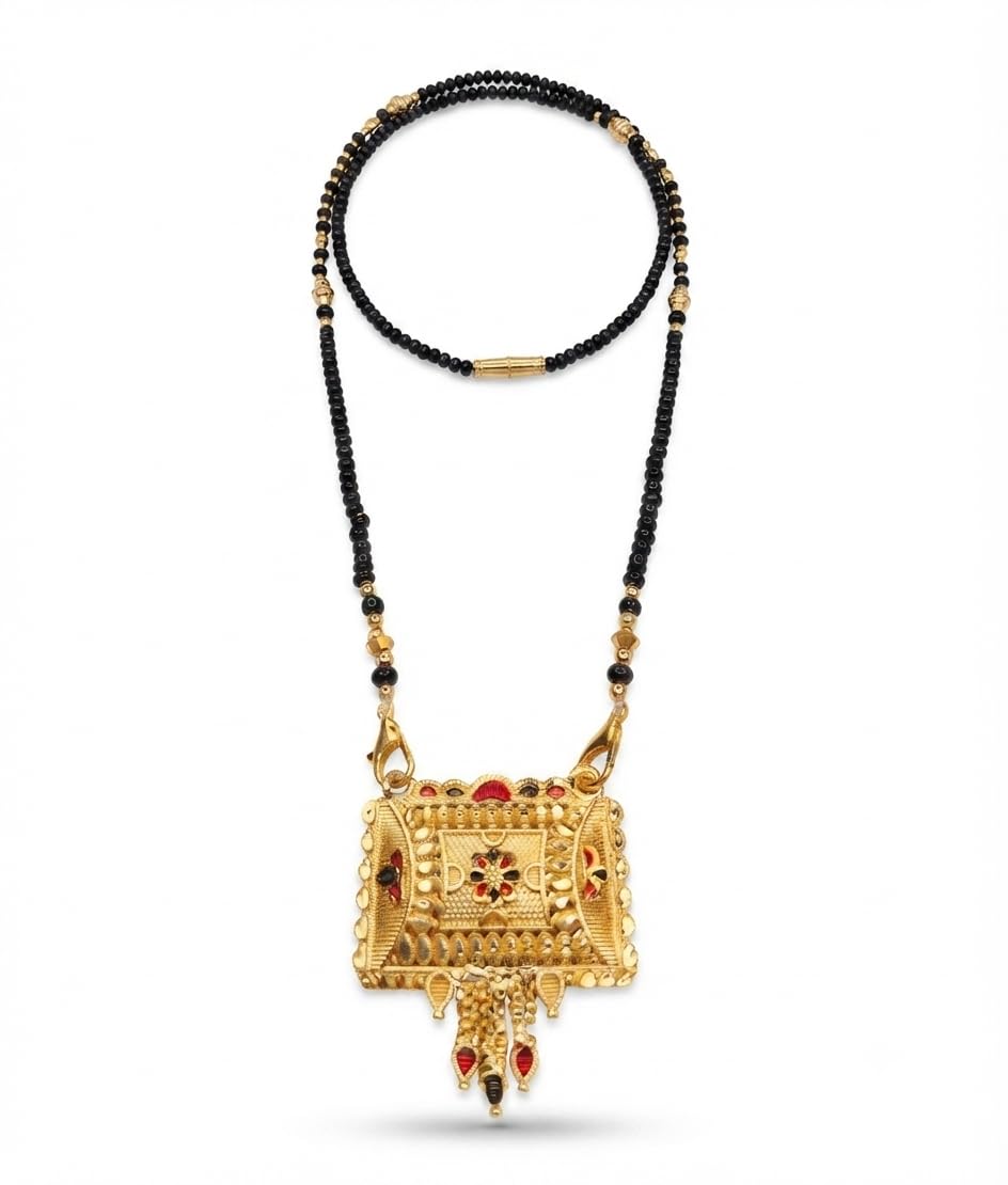 Gold Plated Rectangular Enamel Pendant Mangalsutra for Women, Traditional Black Beaded Ethnic Necklace, Daily Wear Festive Designer Artificial Jewelry (Gold & Black)-image-25