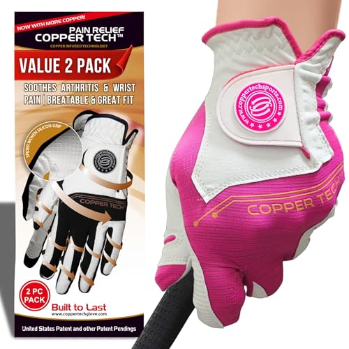 Copper Tech Ladies Golf Gloves Women Right Handed Golfer or Left Handed Golfer 2 Pack | Copper Compression Joint Support with Flexible & Comfortable Fit (White/Fuchsia, Medium-Large, Left)