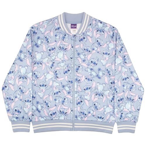 Image of Disney Lilo & Stitch Girl's Zip-Up Varsity Bomber Jacket - Casual Lightweight Coat with Stitch Graphic Print for Kids