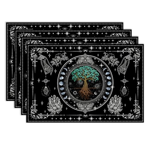 Sun Moon Placemats Set of 4, 12x18 Inch Gothic Tree of Life Witchy Mystical Boho Astrology Tarot Bohemia Holiday Farmhouse Coffee Table Mats for Party Kitchen Dining Decoration