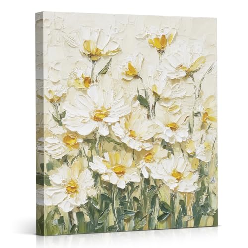 YJIKRTVT White Daisy Floral Wall Art, Minimalist Canvas Decor, Daisy Oil Painting Artwork, Elegant Spring Flower Wall Art for Bedroom Living Room Home Decor 8x10 Inches
