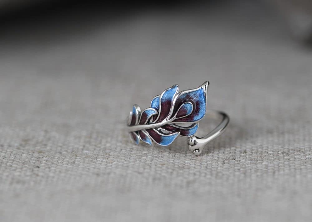 HGJH Silberringe Damen 925,S925 Sterling Silber Cloisonne Pfauenfeder Ring Verstellbare Ringe Retro Zeigefinger Ring Silber Ewigkeitsring Hochzeit Charme Schmuck Geschenke Für Männer Mädchen Damen