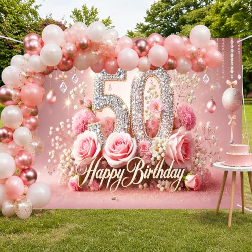 Image of Nuxovilar 50th Birthday Banner - Elegant Pink & Gold Floral Backdrop