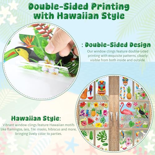 Image of 103 PCS Hawaiian Window Clings, 9 Sheets Tropical Hawaiian Party Decorations, Double-Sided Summer Window Clings with Tiki Masks Hibiscus Lei Patterns, Aloha Party Decorations for Home Office