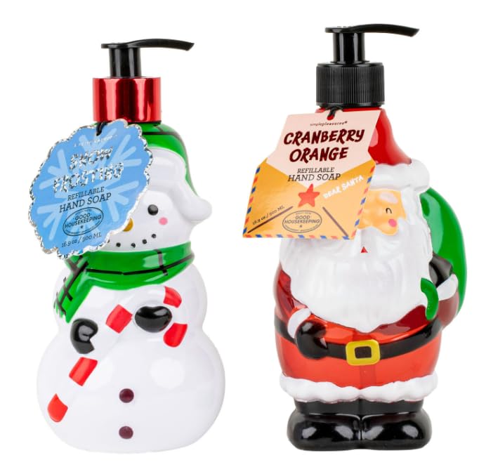 Image of Simple Pleasures Snowman & Santa 2 Pack: Cranberry Orange Scented Decorative Refillable Soap Dispensers for Kitchen Countertops and Bathroom Sinks