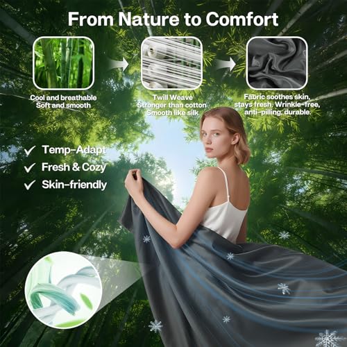 MR&HM Twin XL Sheets Set, 3-Piece Cooling Sheets, Rayon Derived from Bamboo & Polyester Blend, Soft & Silky, 15" Deep Pockets with Elastic Straps, Hotel Luxury for Hot Sleepers, Dark Grey