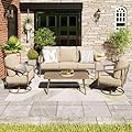 MIXPATIO 5-Piece Patio Furniture Set, 3-Seat Wicker Sofa with 2 Windsor Swivel Chairs & Wood Grain Coffee Table, Outdoor Conversation Set for Porch, Backyard, Garden, Deck - Beige