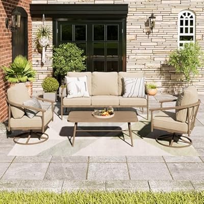 MIXPATIO 5-Piece Patio Furniture Set, 3-Seat Wicker Sofa with 2 Windsor Swivel Chairs & Wood Grain Coffee Table, Outdoor Conversation Set for Porch, Backyard, Garden, Deck - Beige