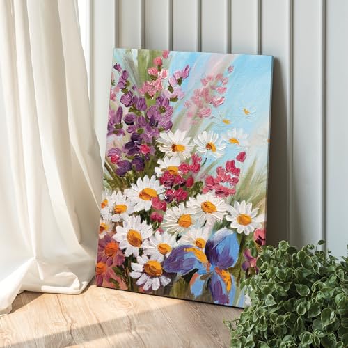 Image of PAINTINGMANTRA White Sunflowers Floral Canvas Wall Art Painting for wall decoration, Multicolour MultiFlowers Stretched Canvas Painting for living room, bedroom, Home and Office, 16x22 Inch