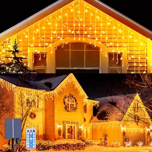 OPAHUTER Solar Icicle Lights Outdoor, 23Ft 256 LEDs Christmas Icicle Lights with 8 Lighting Modes, Remote Control, IP65 Waterproof Curtain Fairy Lights with 32 Drops for Window Xmas Garden Gazebo