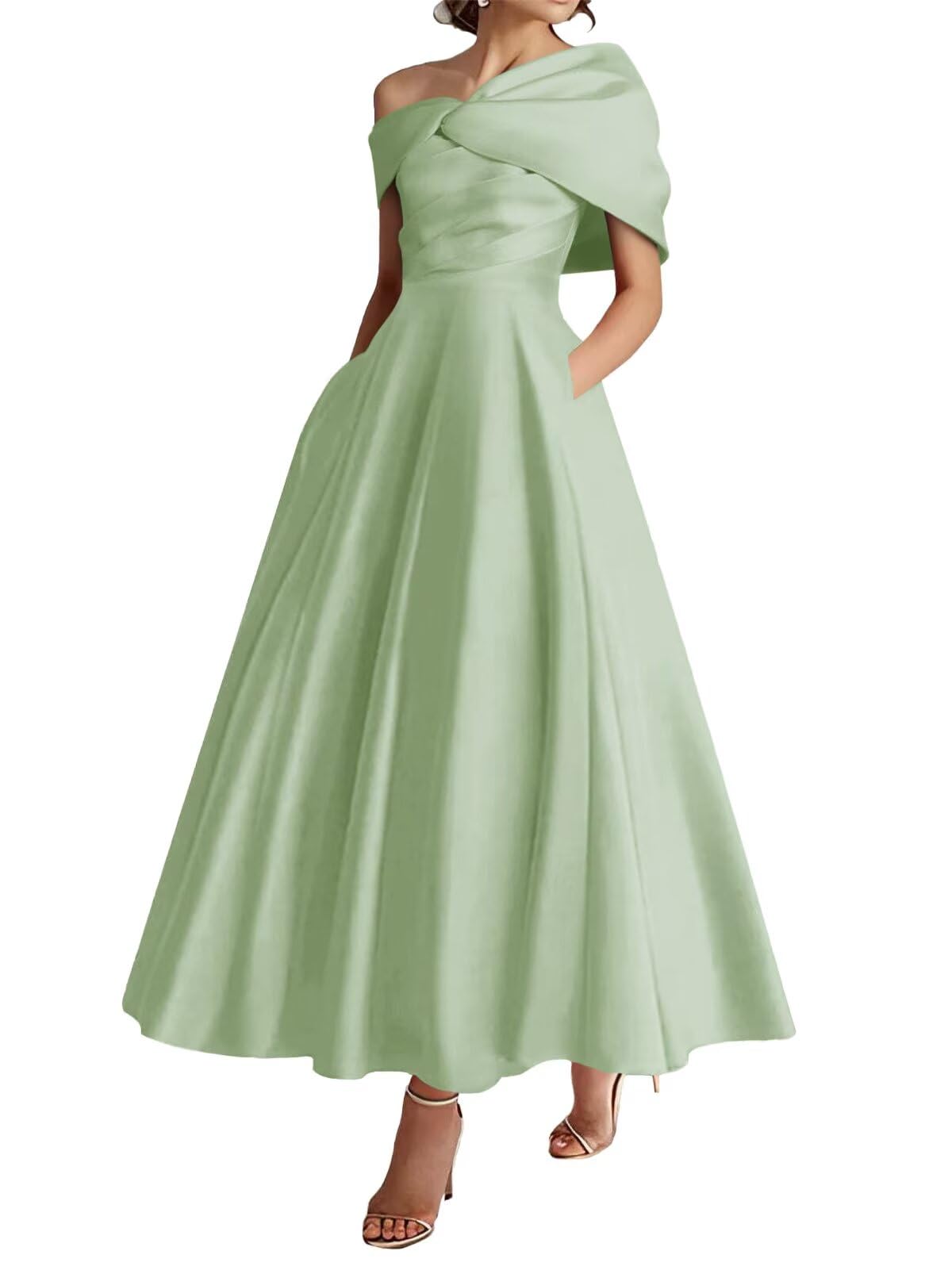 Verngo One Shoulder Mother of The Bride Dresses for Women Satin Ruffle A Line Formal Prom Evening Gowns with Pockets