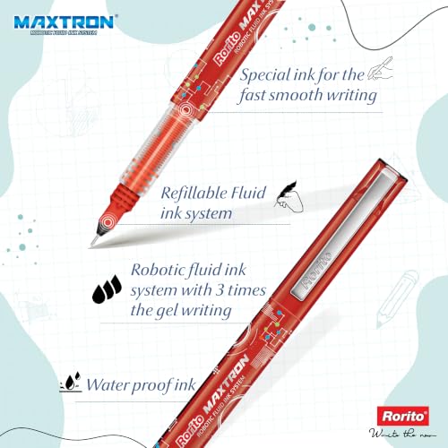 Image of Rorito Maxtron Pen | Robotic Fluid Ink Technology | Tungsten Carbide Fine Tip | Waterproof Ink | Ideal Pen for Students | Refillable (Red)