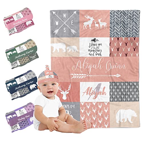 Personalized Baby Blankets for Boys & Girls - Custom Woodland Blankets with Name & Hat - Peach