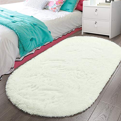 LOCHAS Luxury Velvet Fluffy Carpet Soft Children Rugs Room Mat Modern Shaggy Area Rug for Bedroom Bedside Home Decor 2.6' x 5.3', Cream White