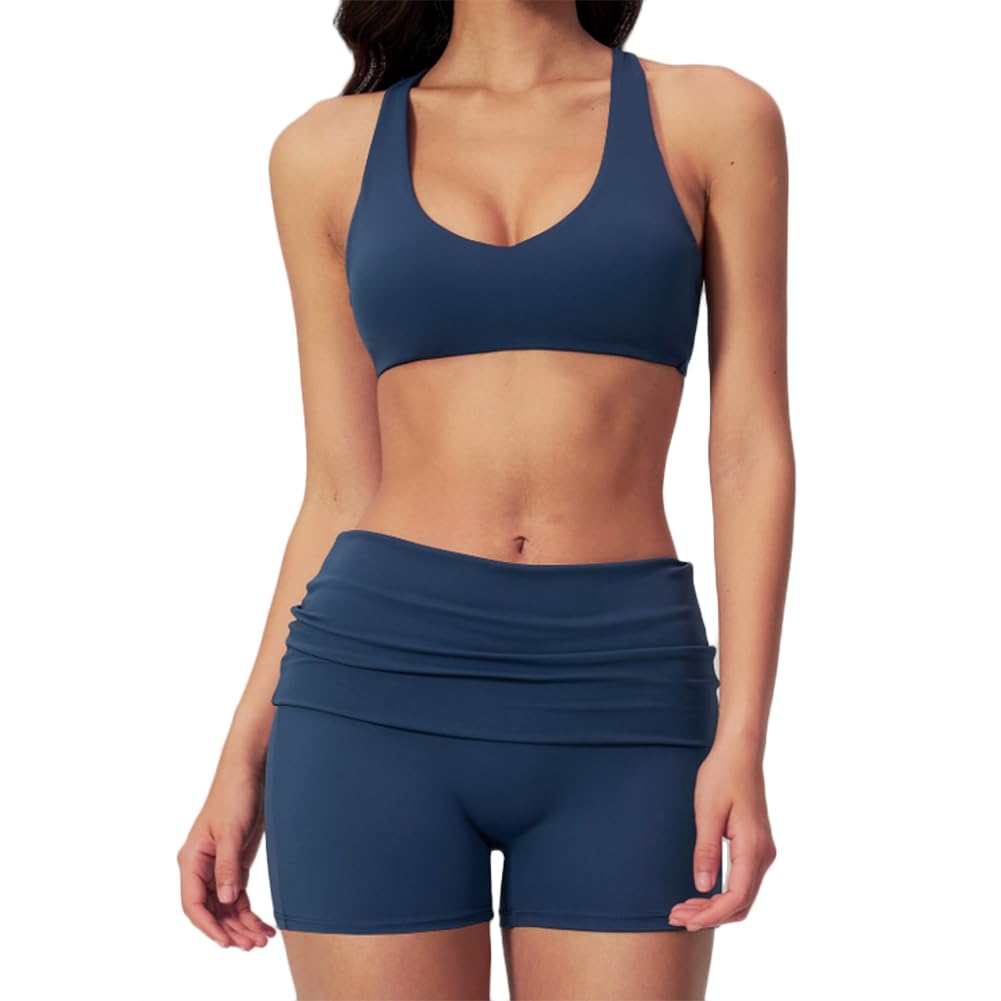 JPXJGT Women's Sports Set, Breathable Quick-Dry, Gym Yoga Workout Two-Piece Fitness Yoga Set(Size:M,Color:Dark blue)