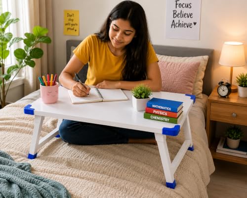 Image of Eduway Multipurpose Foldable White Board Laptop Table with 1 Duster & Marker | Heavy-Duty Portable Writing Desk for Bed, Study, Work from Home, Dining & Reading,