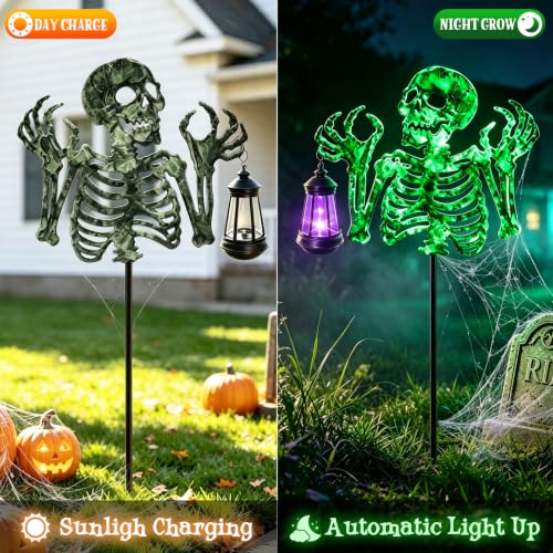 Image of VOOKRY Halloween Skeleton Lantern Decor, Glow in The Dark Iron Skull | With Fluorescent Luminous Body & Mini Hand Lantern, Outdoor Yard Lawn Patio Spooky Decorations, Halloween Party Props Gifts