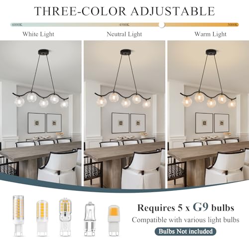 Image of Modern Linear Globe Chandelier Black 5-Lights Dining Room Chandeliers Over Table Mid Century Linear Chandelier Adjustable Height Clear Glass Globe Pendant Light for Farmhouse Kitchen Island