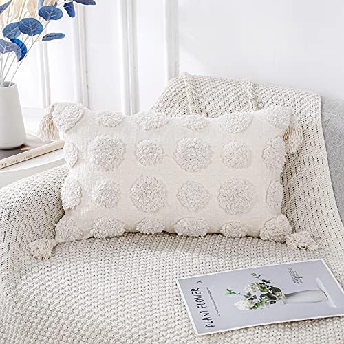 PANOD Super Soft Farmhouse Decorative Plush Throw Pillow Covers 12 x 20 White,Solid Pom pom Tufted with Tassels Modern Accent Boho Lumbar Cushion Cover Pillow Case for Couch Sofa